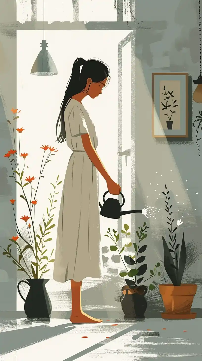 Flat Woman Watering Flower Midjourney 提示词生成效果