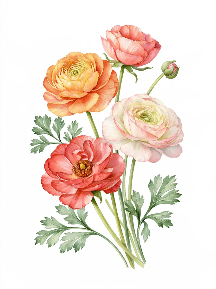 Watercolor Multicolor Ranunculus Flower Midjourney提示词