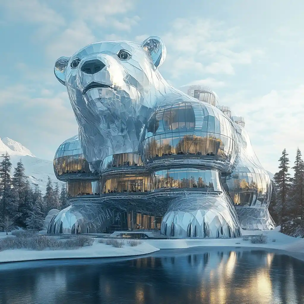 Surreal 3D Polar Bear Hotel Midjourney提示词