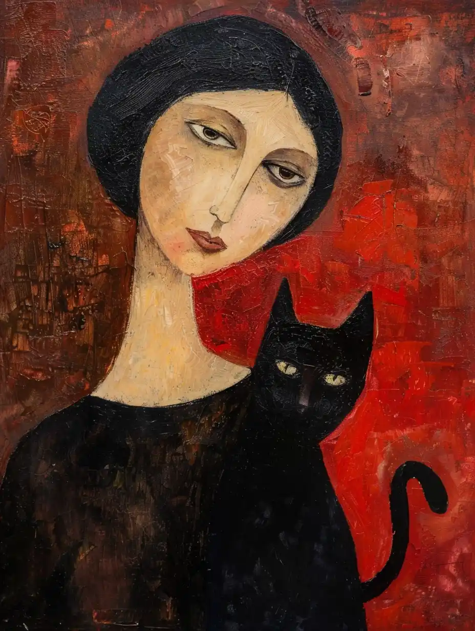 Modigliani Woman with Cat Midjourney提示词