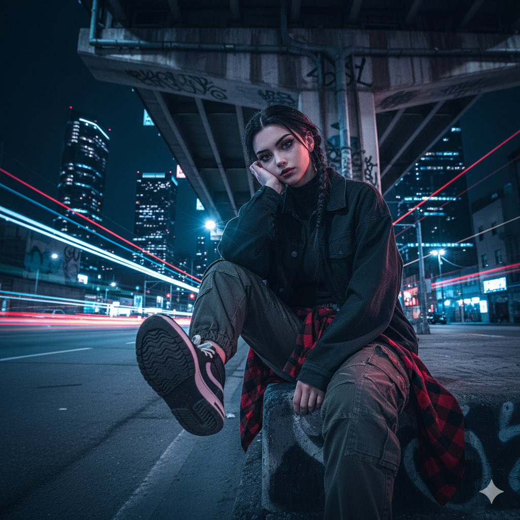 Urban Night Portrait: Young Woman in City with Light Trails Nano Banana提示词
