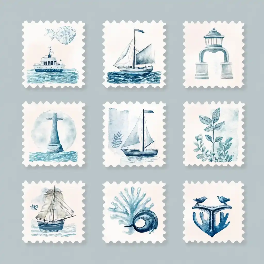 Retro Marine Stamps Watercolor Midjourney提示词