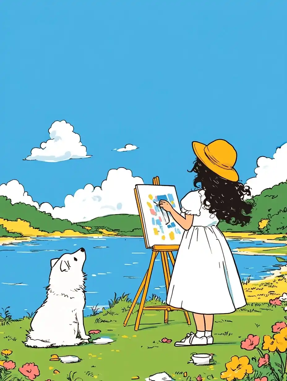 Doodle Girl Painting Outdoors Midjourney提示词