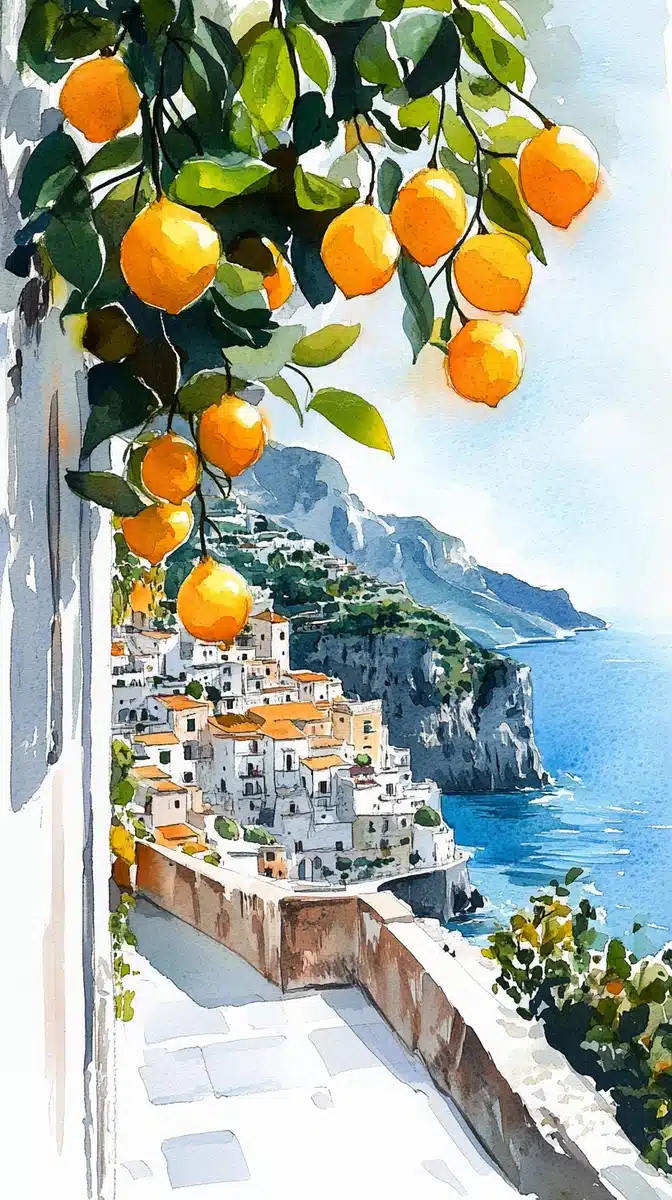 Amalfi Coast Watercolor Minimalism Midjourney提示词
