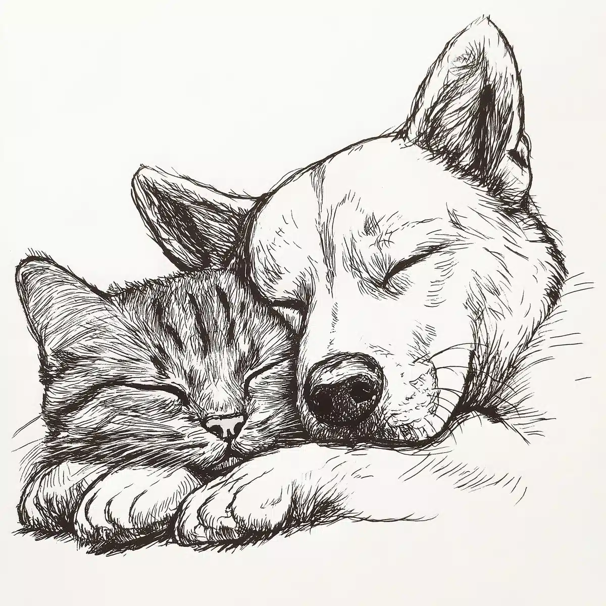 Monochrome Line Art Pets Midjourney提示词