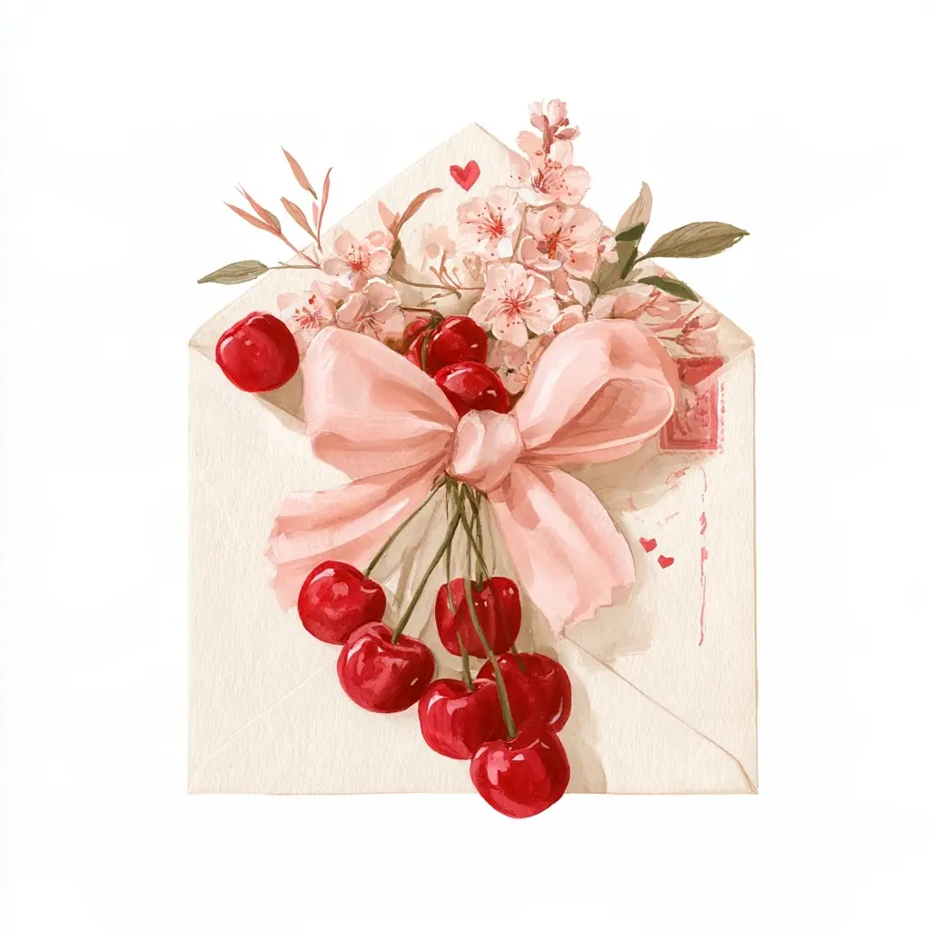 Gouache Cherry Love Letter Midjourney提示词