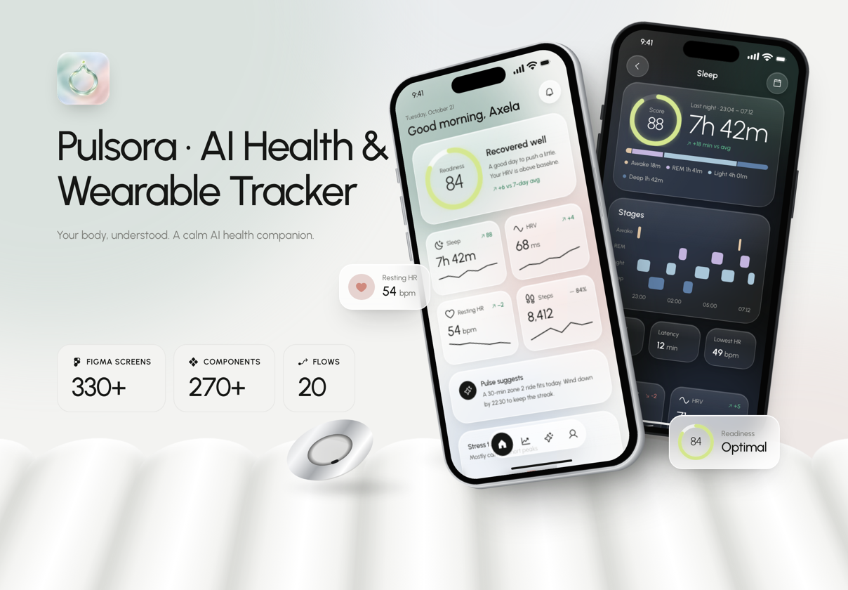AI健康与穿戴追踪iOS UI套件（Figma），Pulsora – AI Health & Wearable Tracker iOS UI Kit (Dark & Light)
