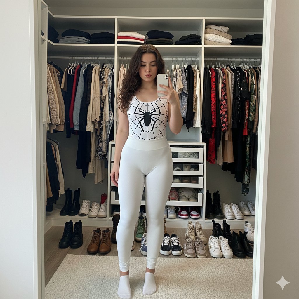 Woman in Spider-Man Bodysuit & Leggings Selfie Nano Banana提示词