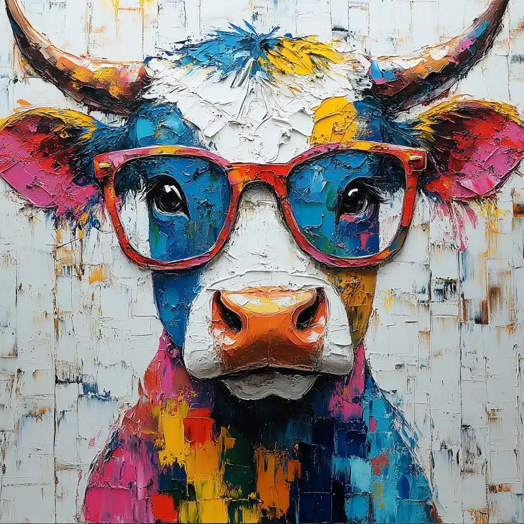 Vibrant Cow in Glasses Midjourney提示词