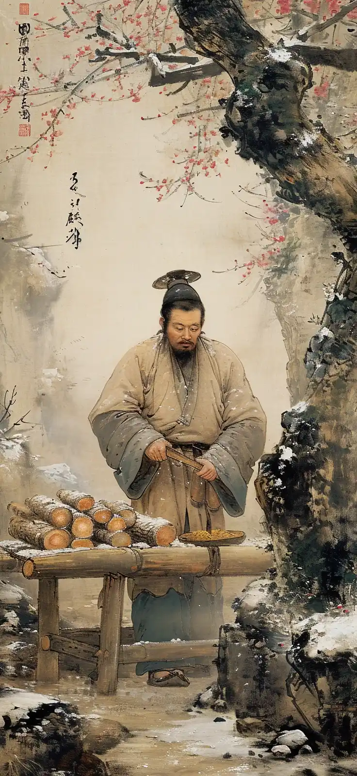 Meticulous Woodcutter Mountains of Firewood Midjourney提示词