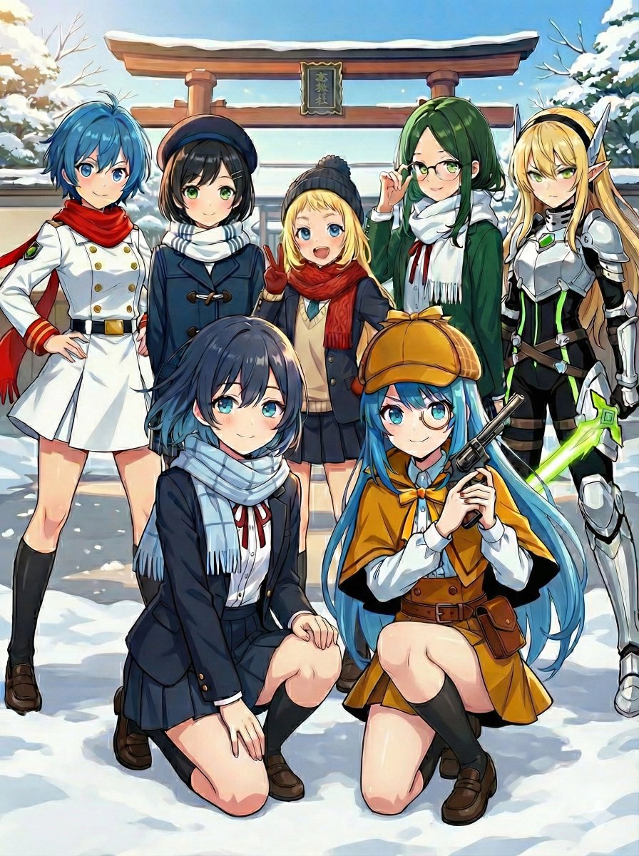 Anime Girls Winter Scene: Fantasy & Mystery Torii Gate Nano Banana提示词