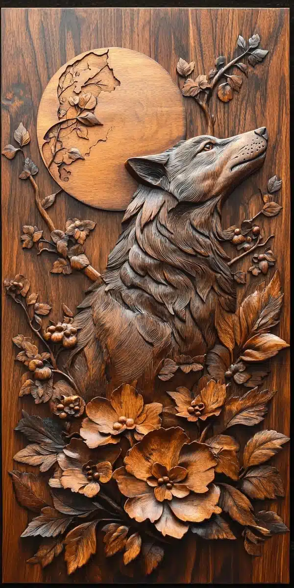 Intarsien Mural Rearing Wolf Moon Midjourney提示词