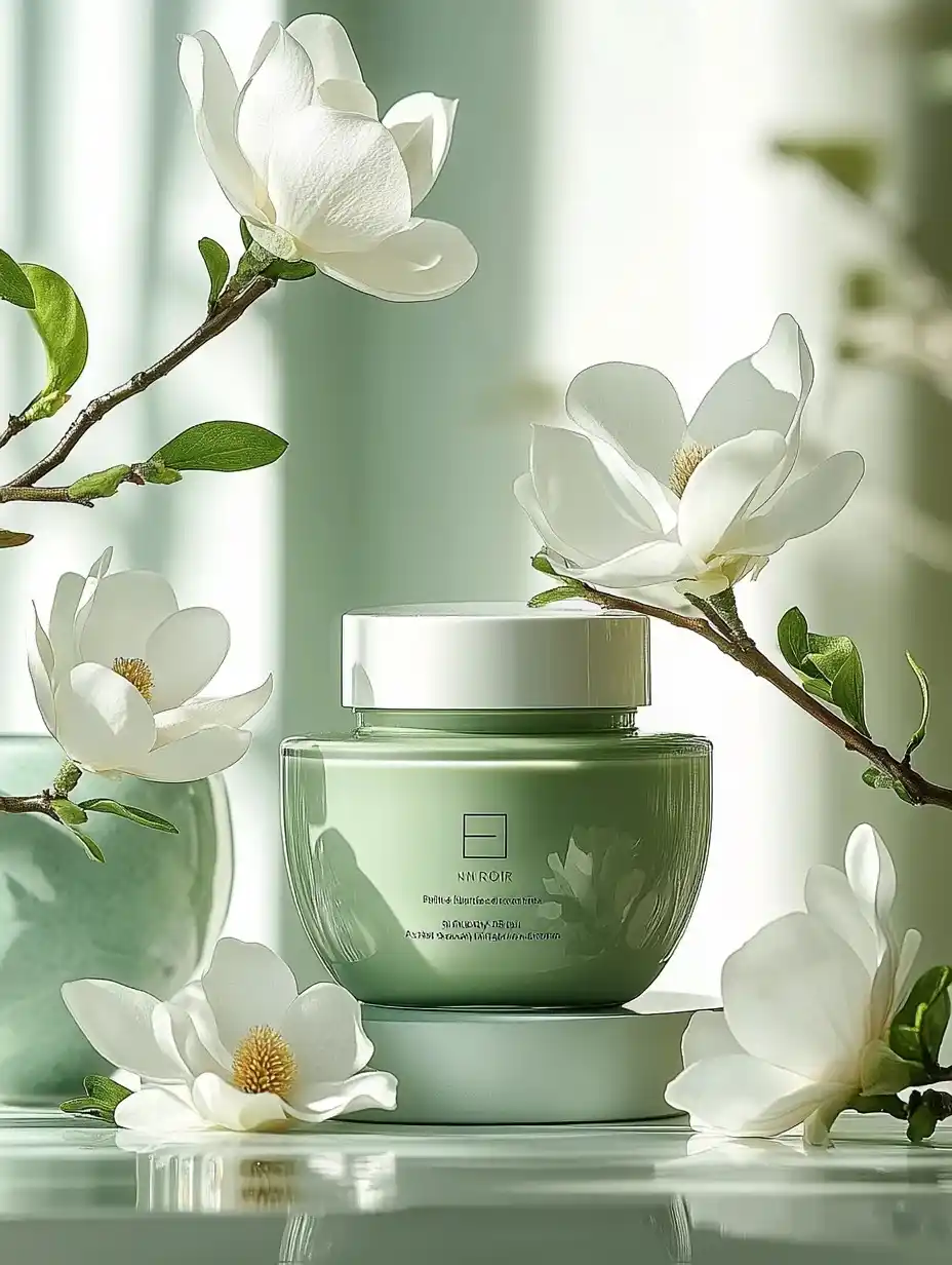 Cosmetics Jar with Magnolia Midjourney提示词