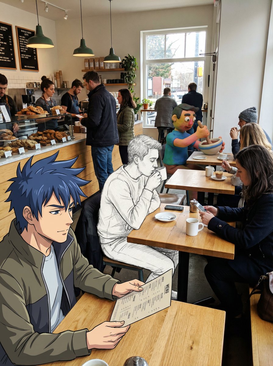 Coffee Shop Art: Anime, Sketch & Claymation Characters Nano Banana提示词