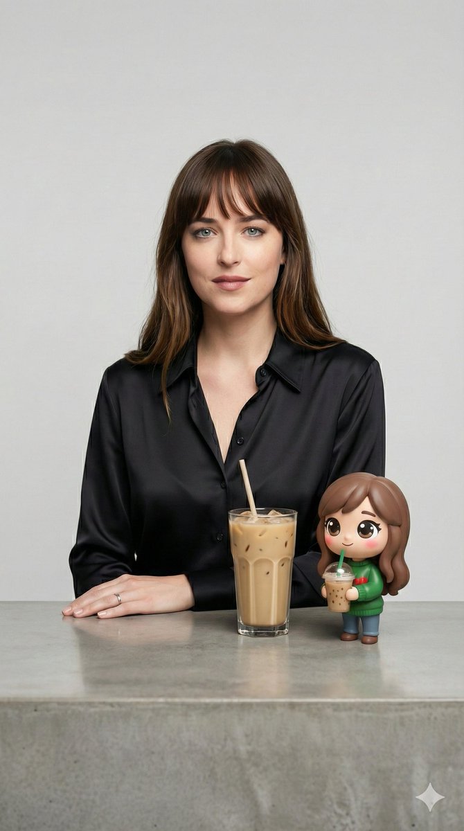 Dakota Johnson: Iced Coffee & Character Figurine Portrait Nano Banana提示词