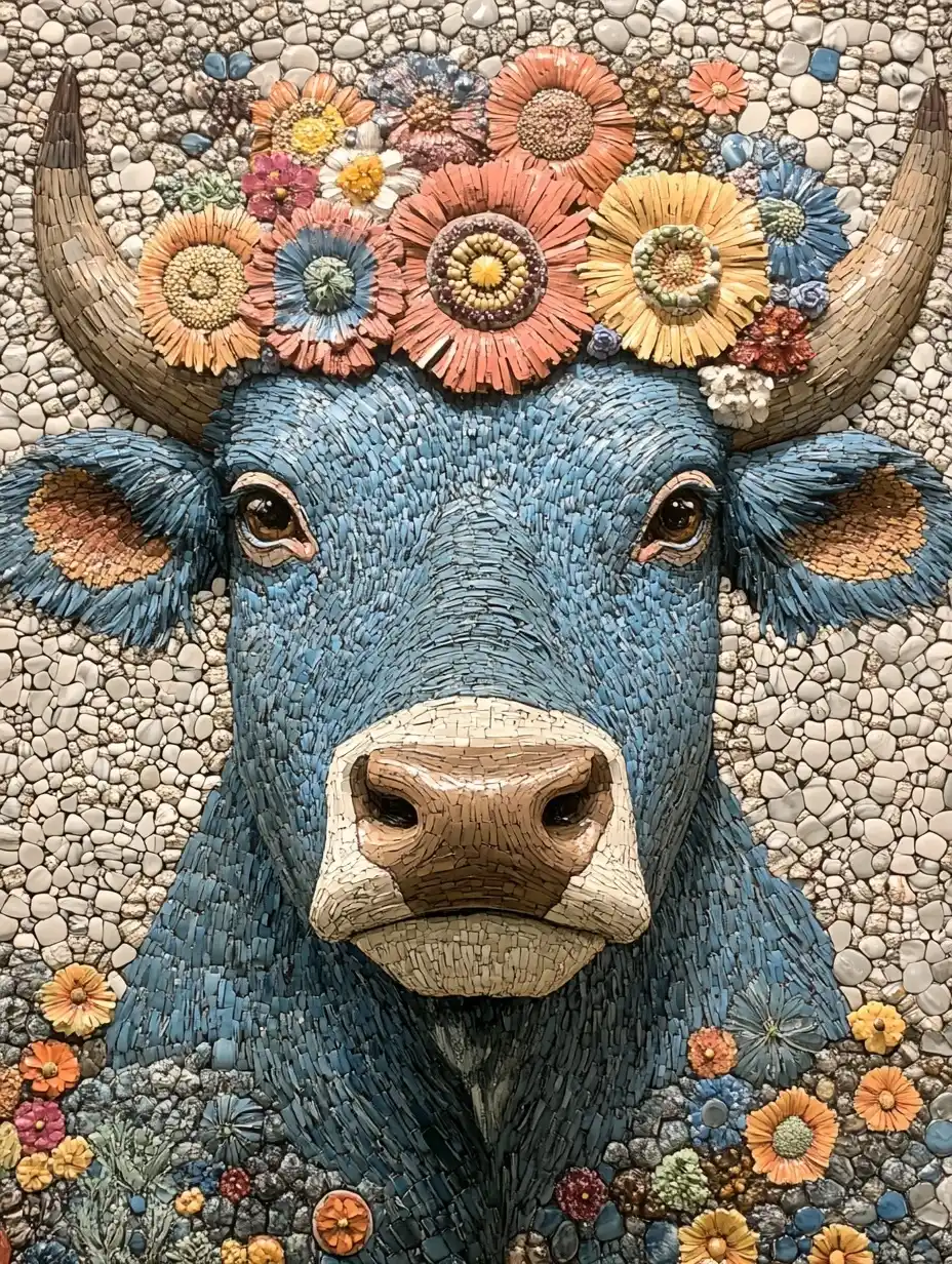 Blue Bull with Flowers Midjourney提示词