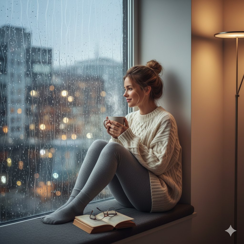 Cozy Woman by Window on Rainy Day with Hot Drink Nano Banana提示词