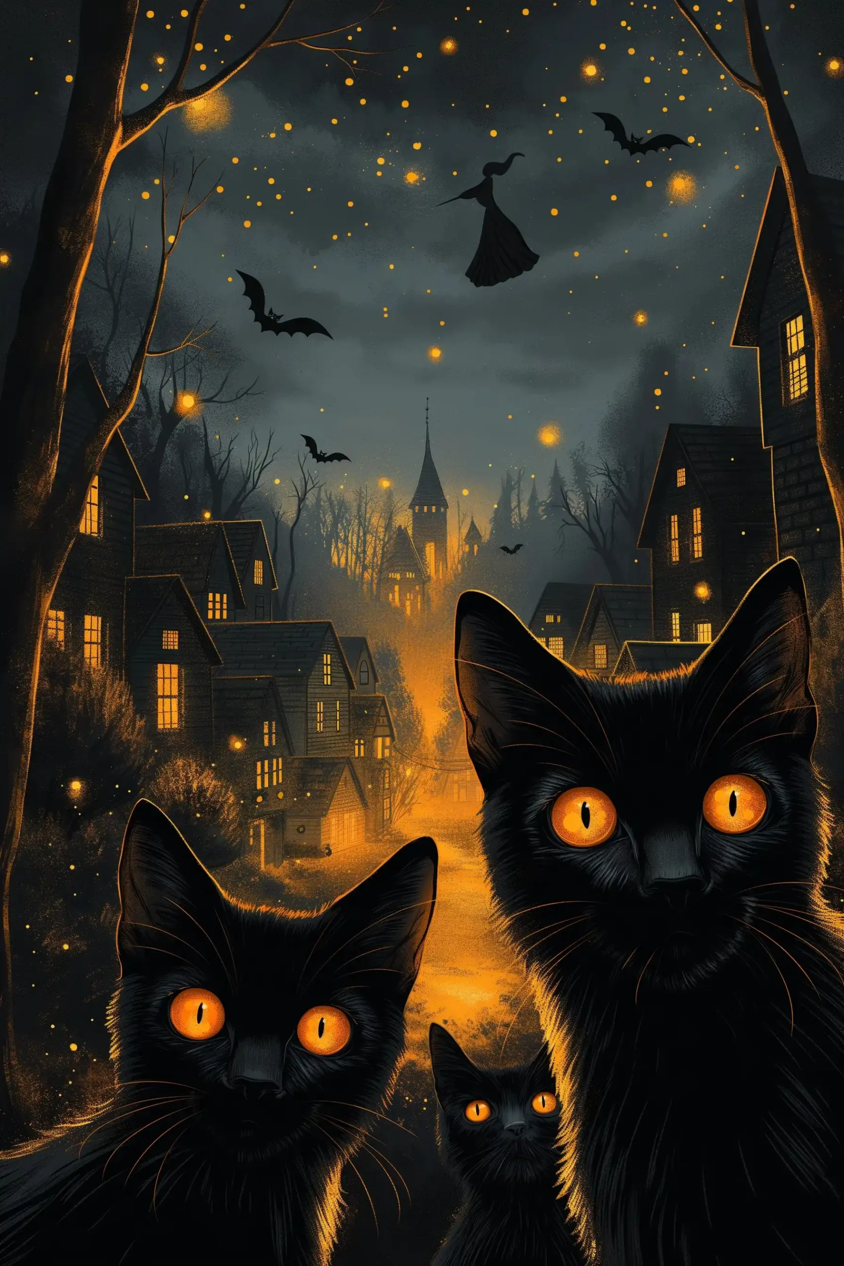 Vector Halloween Night Cats Midjourney提示词