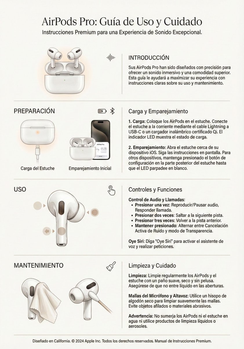 AirPods Pro Guía de Uso y Cuidado | Apple Instructions Nano Banana提示词