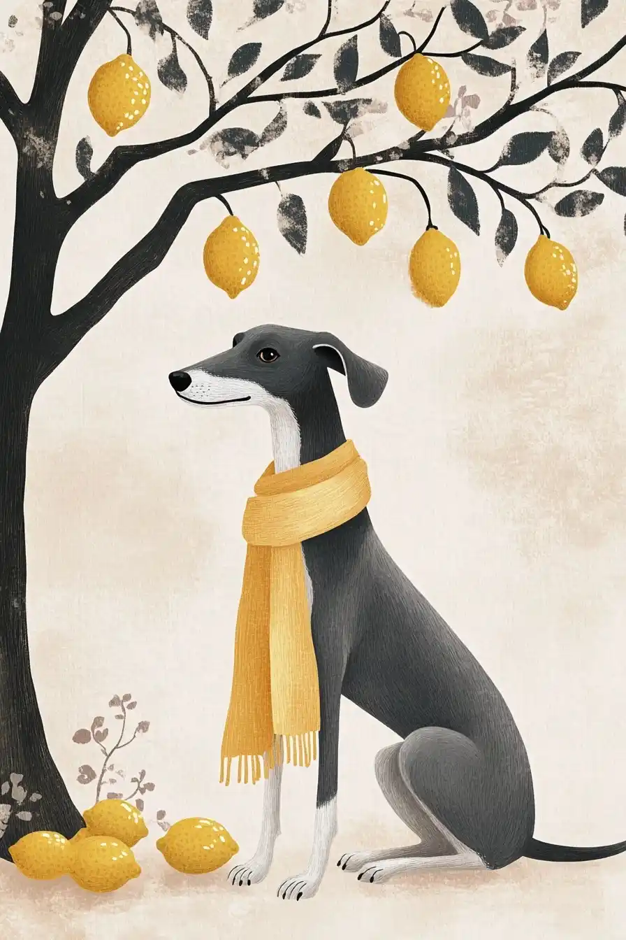 Whimsical Greyhound Under Lemons Midjourney提示词