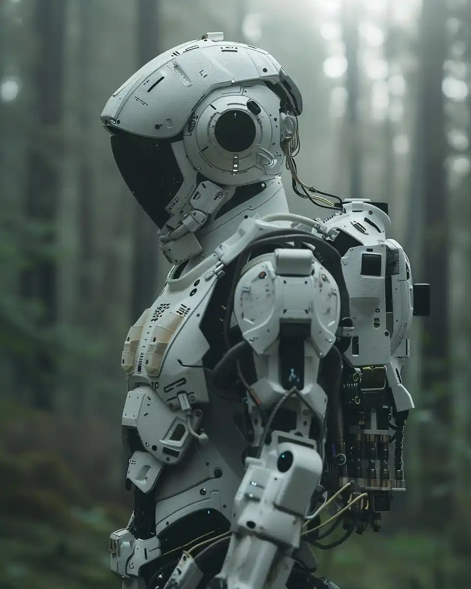 Futuristic Combat Robot in Forest Midjourney提示词