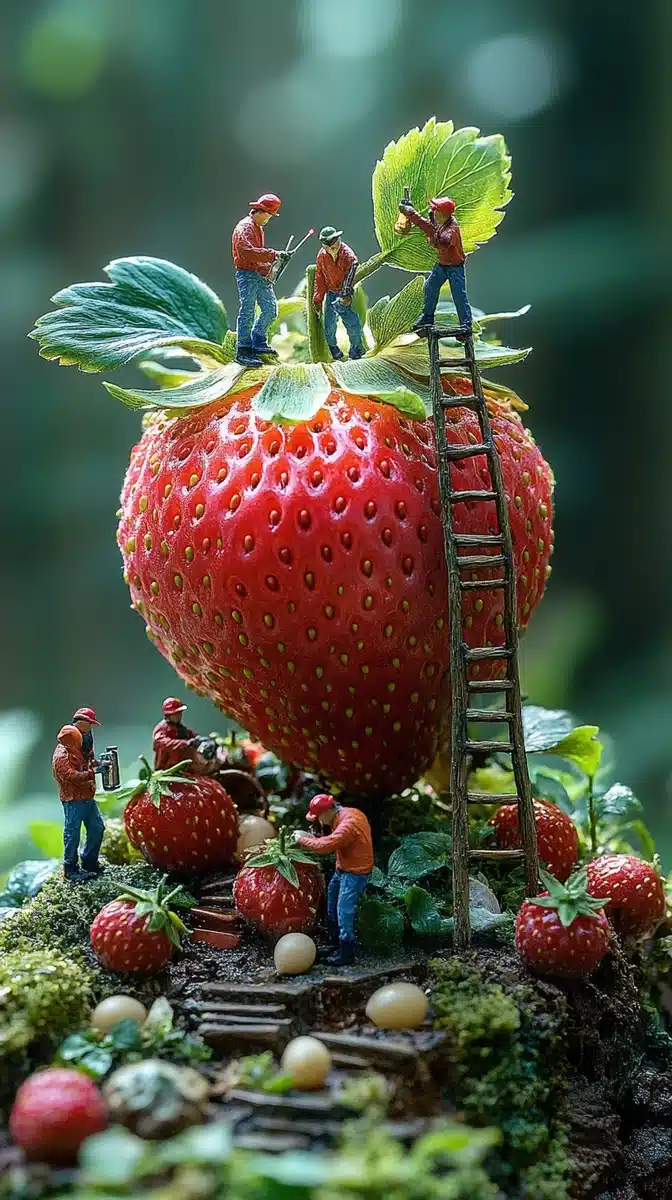 Miniature Gardeners with Strawberry Midjourney提示词