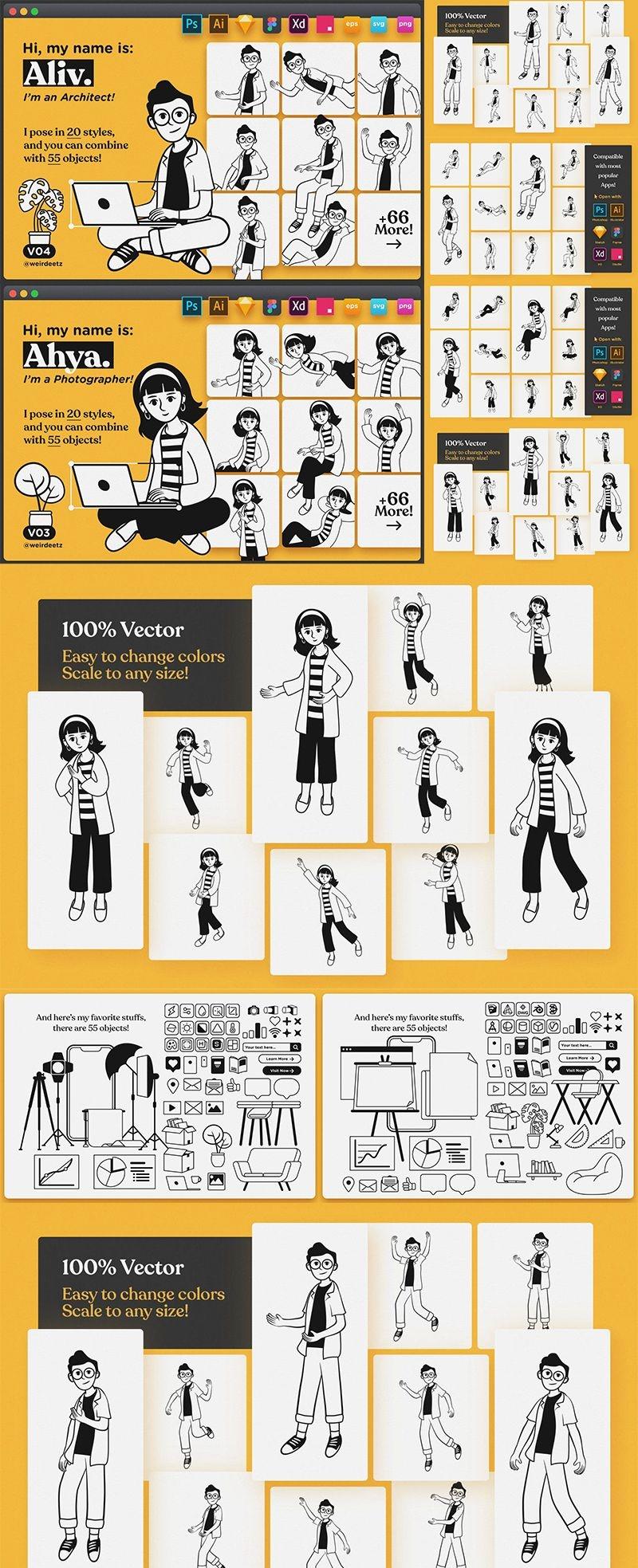 一套简约线条男孩女孩人物插画多种格式