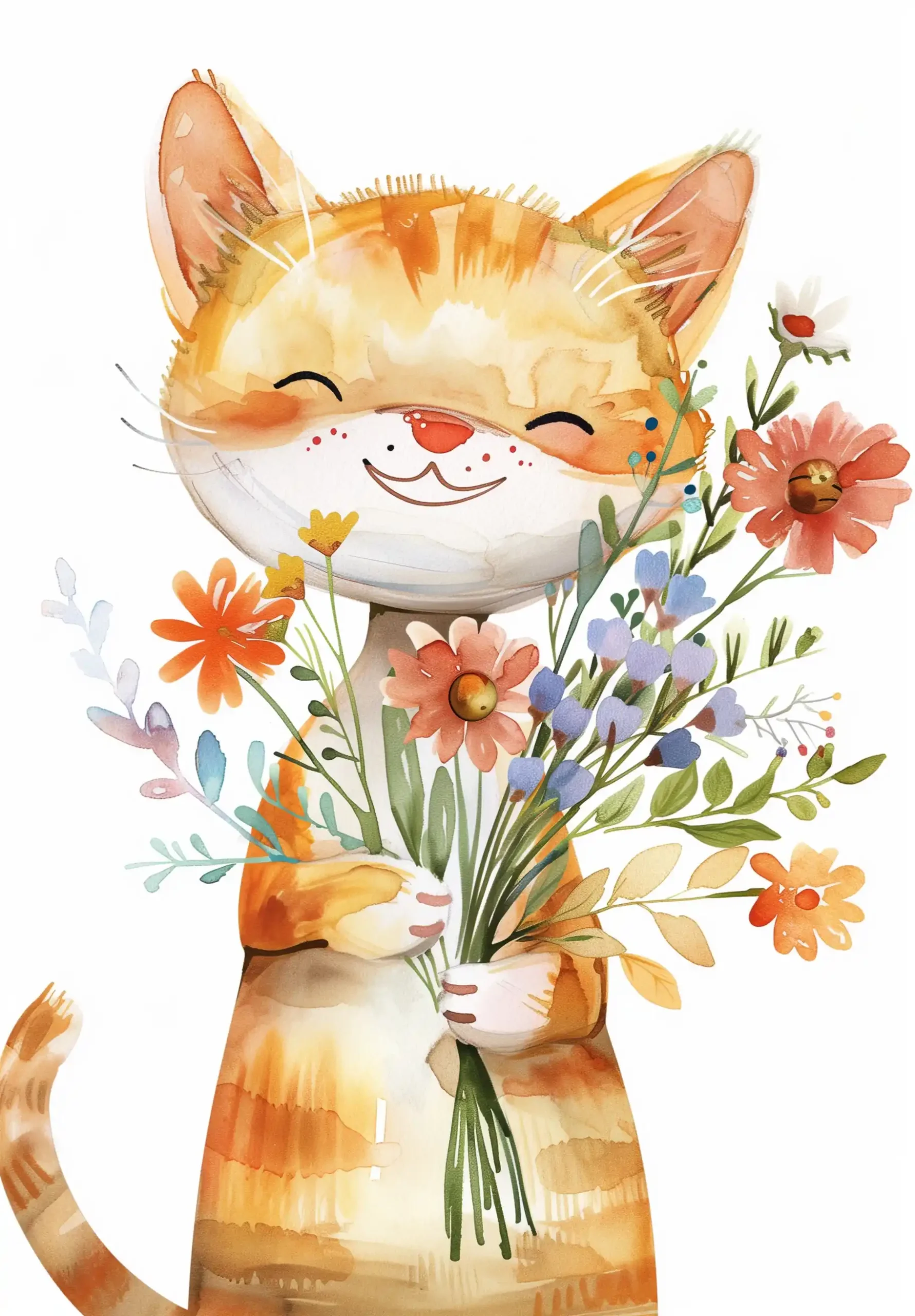 Watercolor Cat with Flowers Midjourney 提示词生成效果