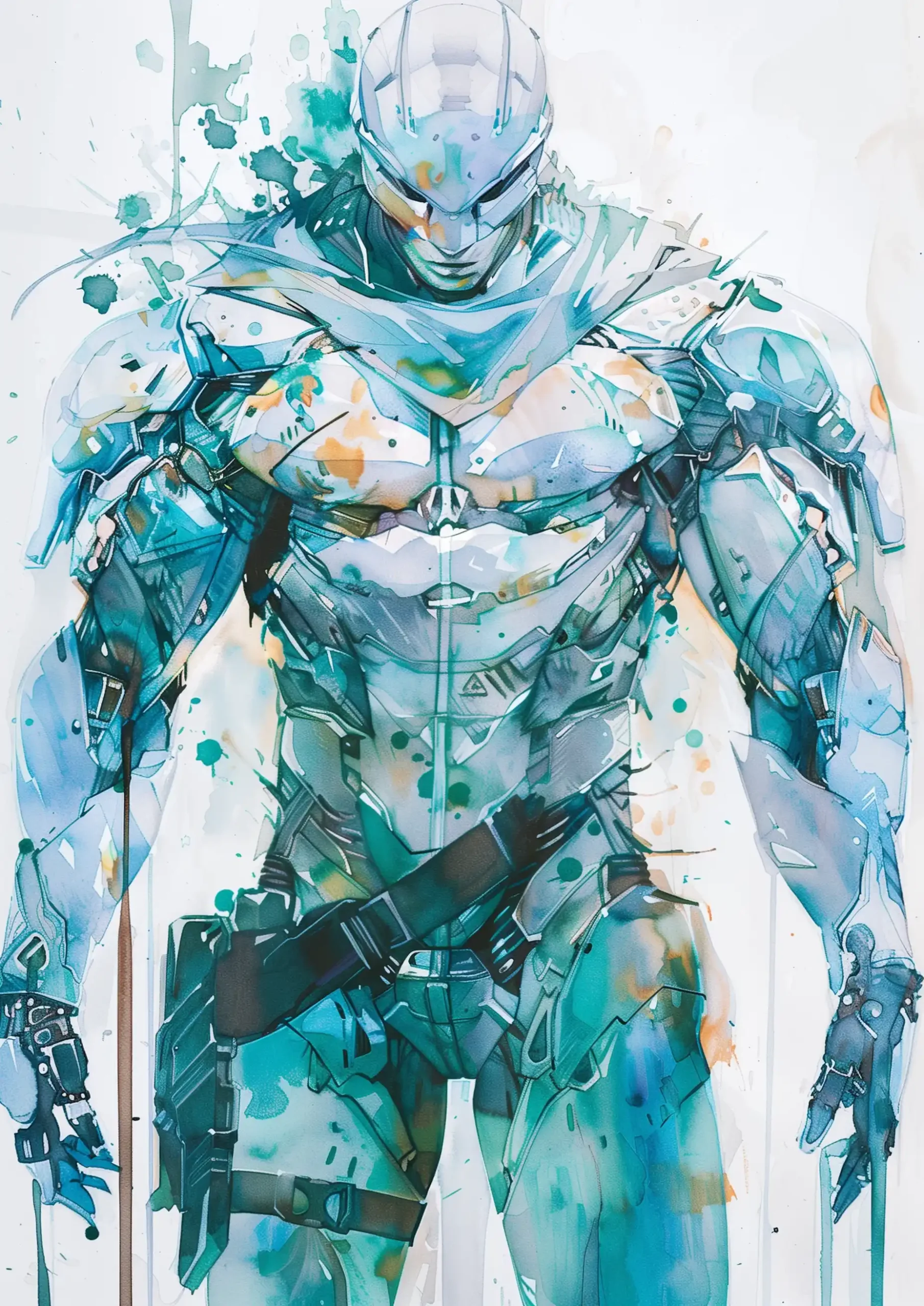 Teal Android in Watercolor Midjourney提示词