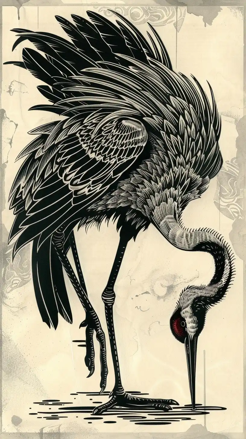 Intricate Woodcut Crane Midjourney提示词
