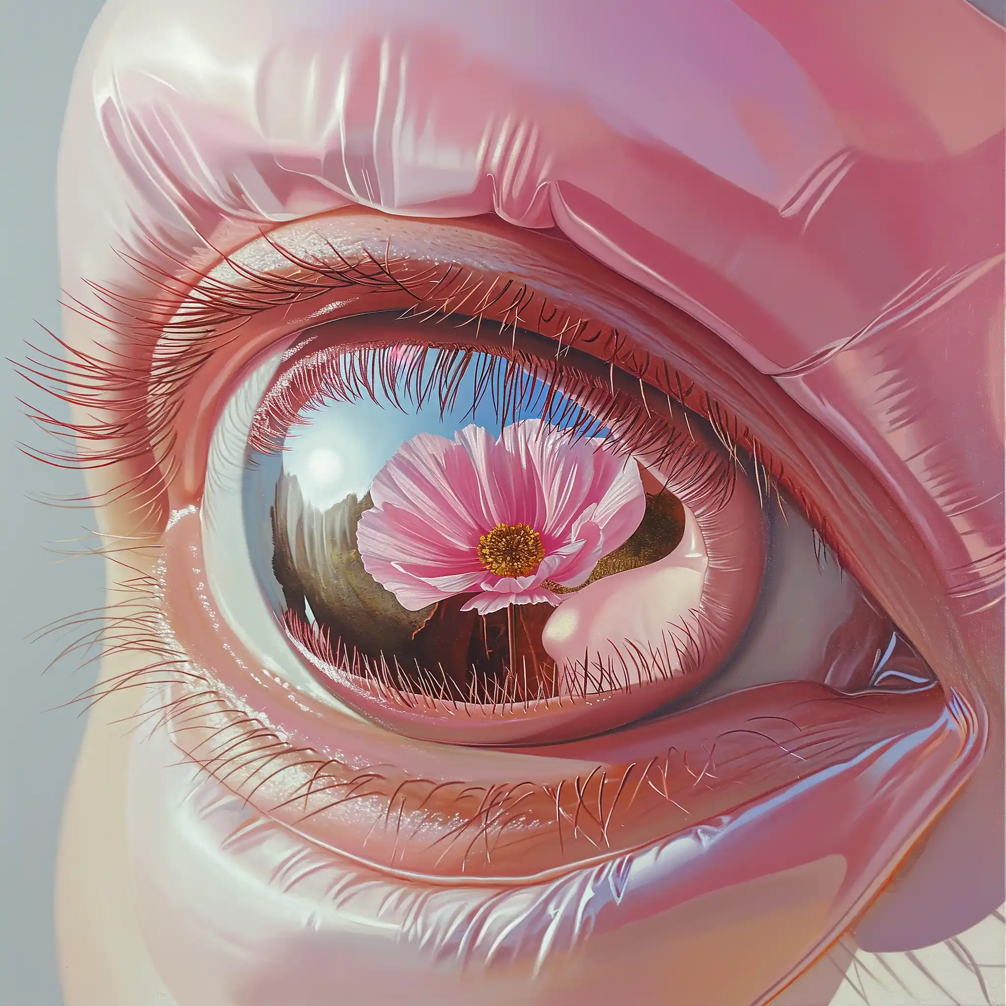 Reflective Brown Eyes with Flower Balloon Midjourney提示词