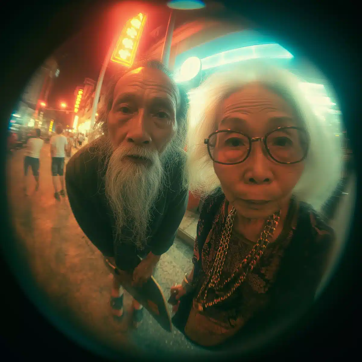 Neon Urban Couple Skateboarding Midjourney提示词