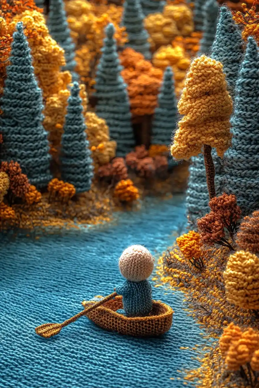 Knit Figure Rowing Lake Midjourney提示词