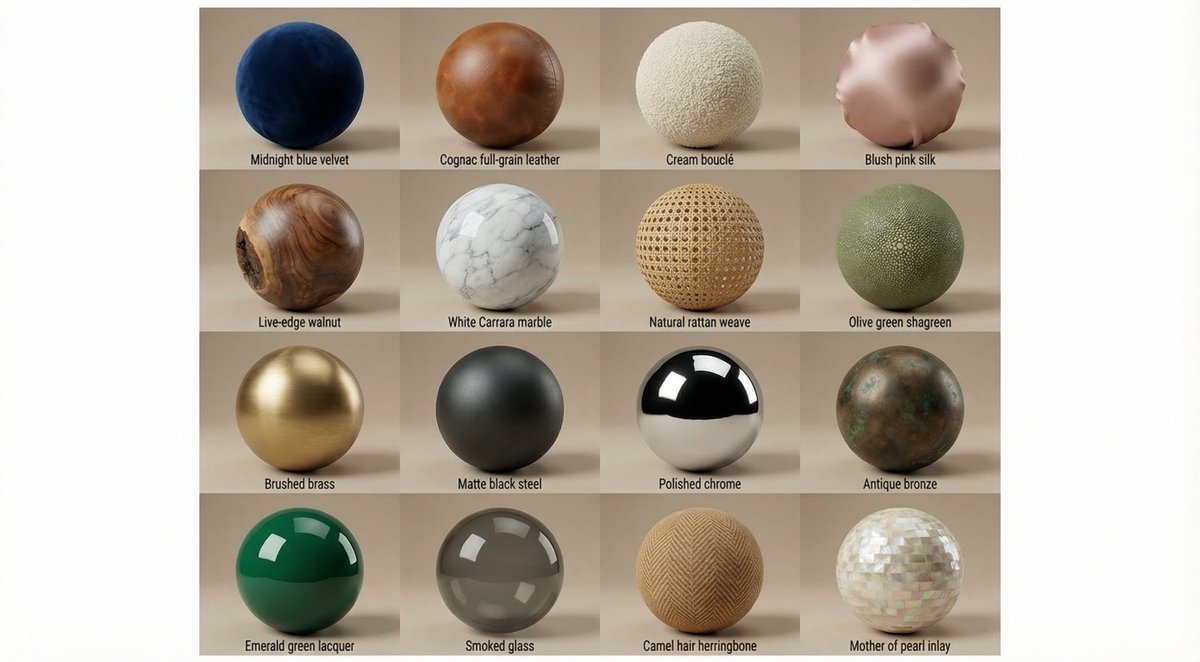 High-Quality Material Textures: Velvet, Marble, Wood, Metal Nano Banana提示词