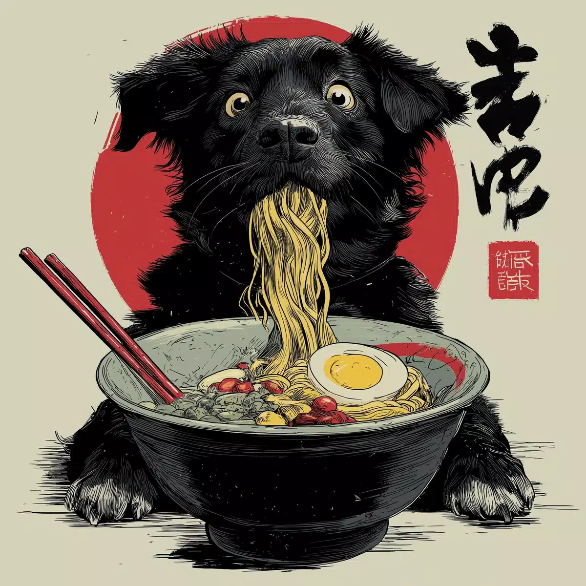 Cartoon Dog Slurping Ramen Midjourney提示词