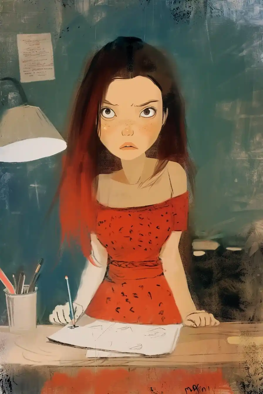 Detailed Angry Girl Doing Homework Midjourney提示词