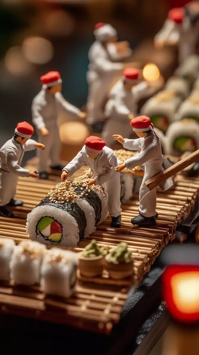 Cinematic Miniature Sushi Scene Midjourney提示词