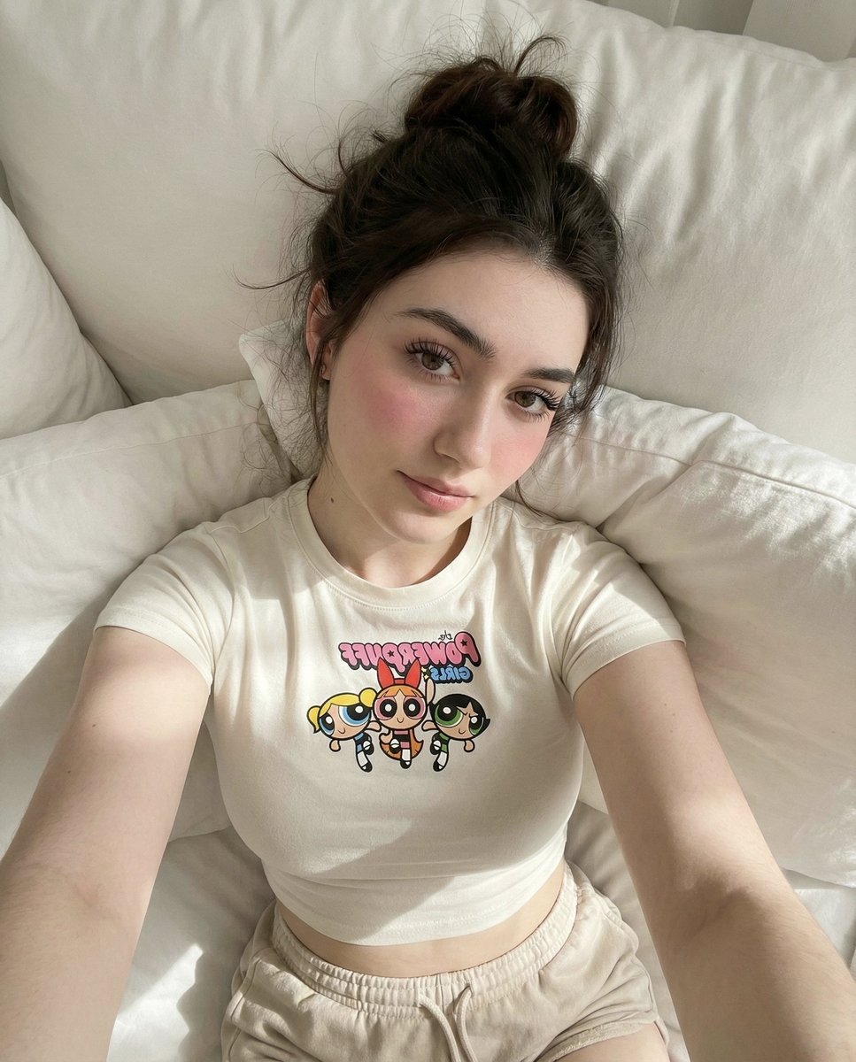 Cozy Bedroom Selfie: Young Woman in Powerpuff Girls Top Nano Banana提示词