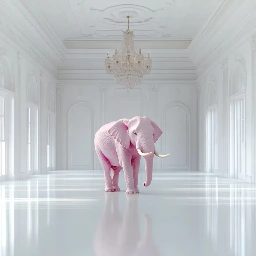 Photorealistic Pink Elephant Hall Midjourney提示词