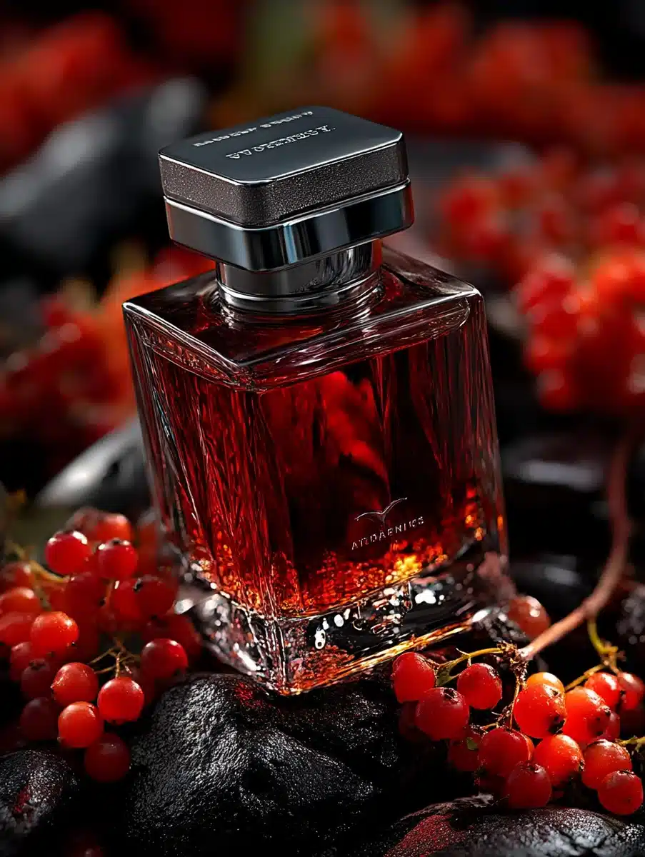 Perfume Bottle on Rocks Midjourney提示词