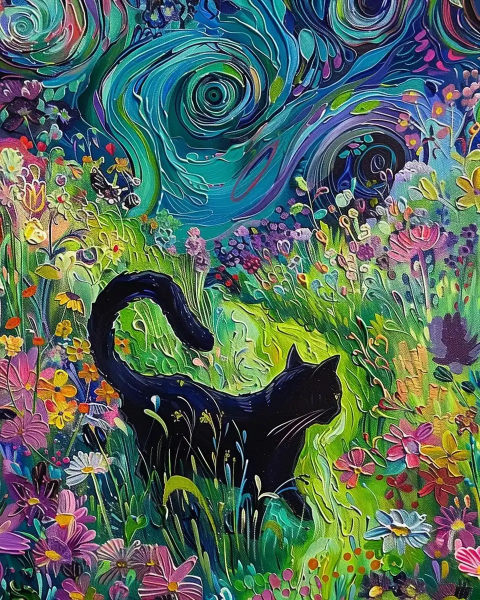 Swirling Cat in Garden Midjourney提示词