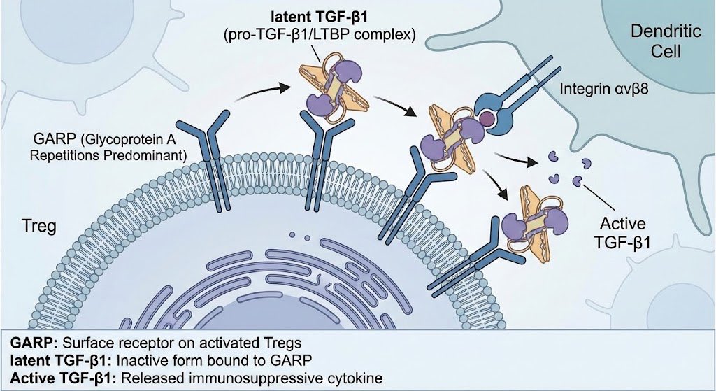 TGF-β1 Activation Diagram: Treg & Dendritic Cell Interaction Nano Banana提示词