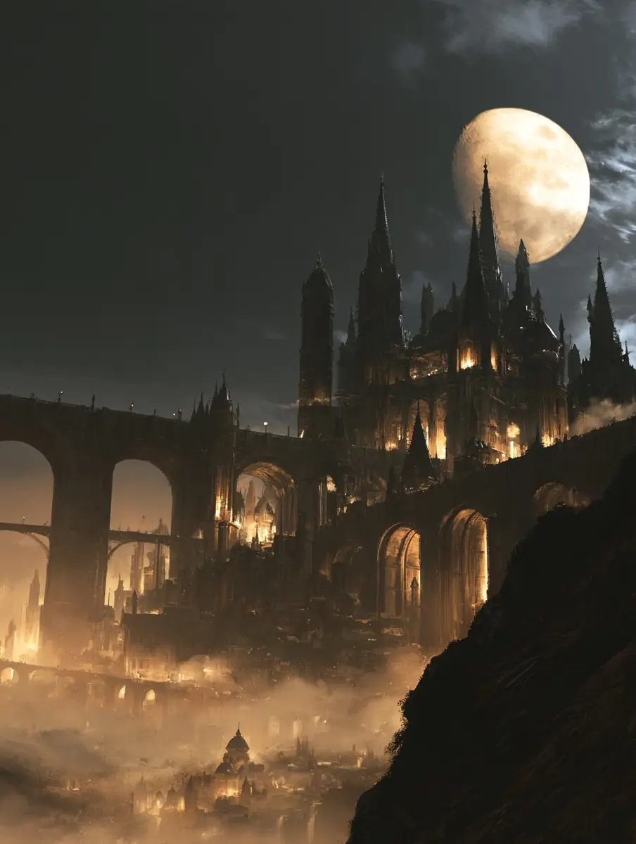 Nocturne Fantasy City Painting Midjourney提示词