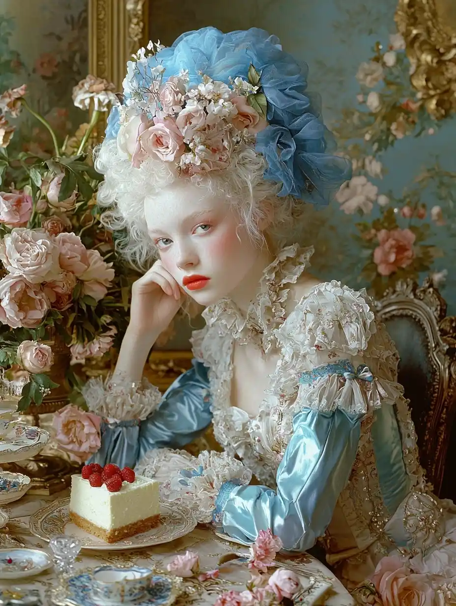 Rococo Woman in Tea Room Midjourney提示词