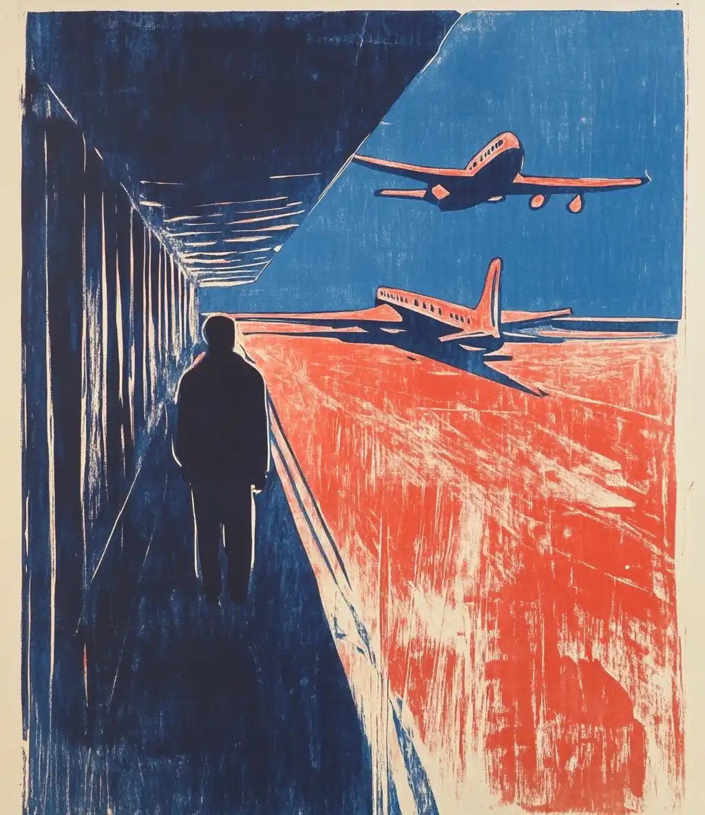 Woodcut Airport in Color Midjourney提示词