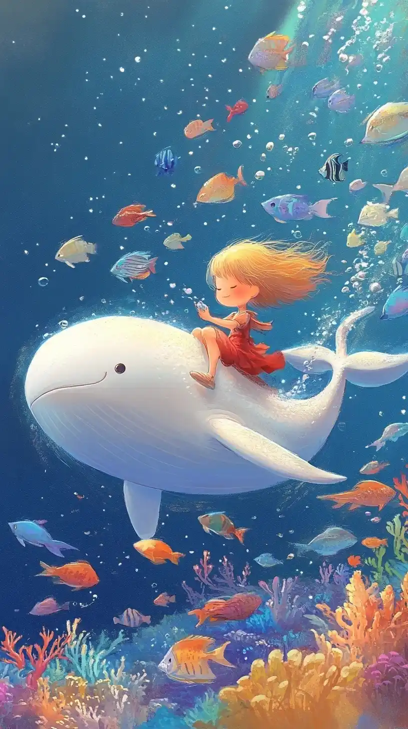 Whimsical Girl on Whale Midjourney提示词