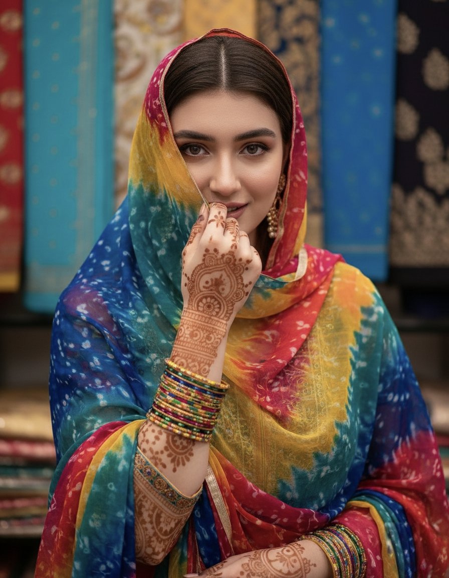 Beautiful Woman Portrait with Henna, Colorful Headscarf Nano Banana提示词