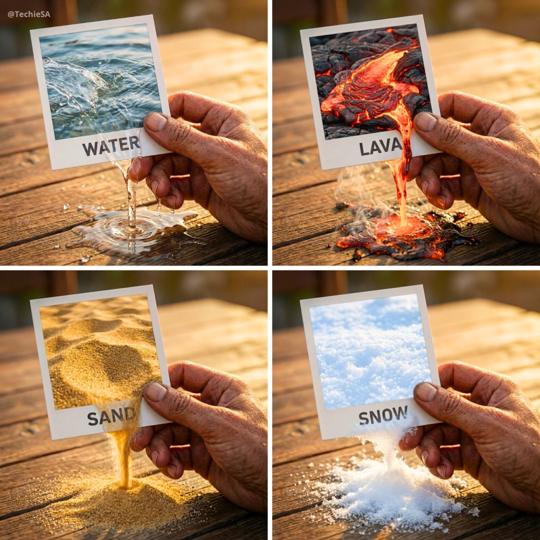 Conceptual Art: Water, Lava, Sand, Snow from Polaroids Nano Banana提示词
