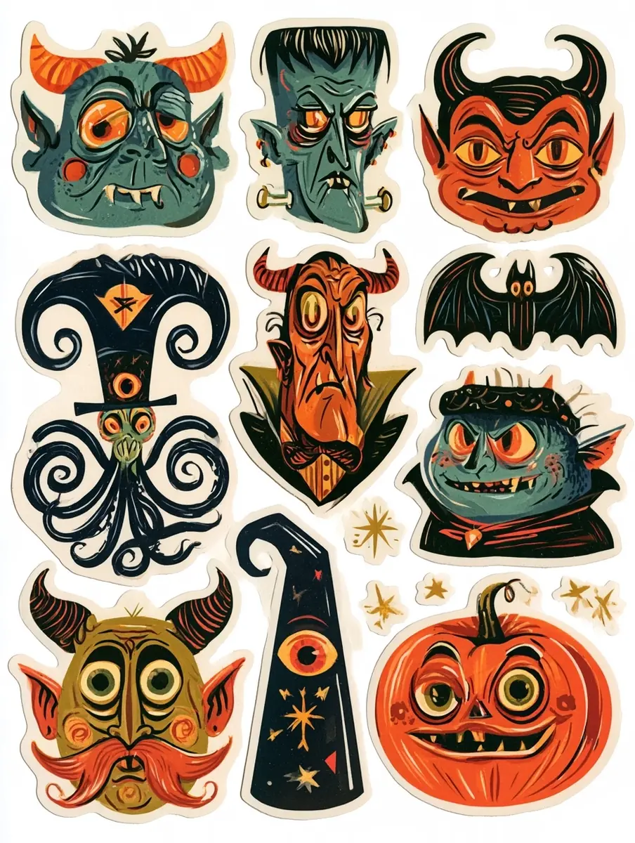 Vintage Halloween Villain Stickers Midjourney提示词
