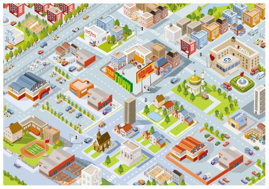 卡通社区/小镇/房子建筑/城市总览图矢量素材 - nicepsd 优质设计素材